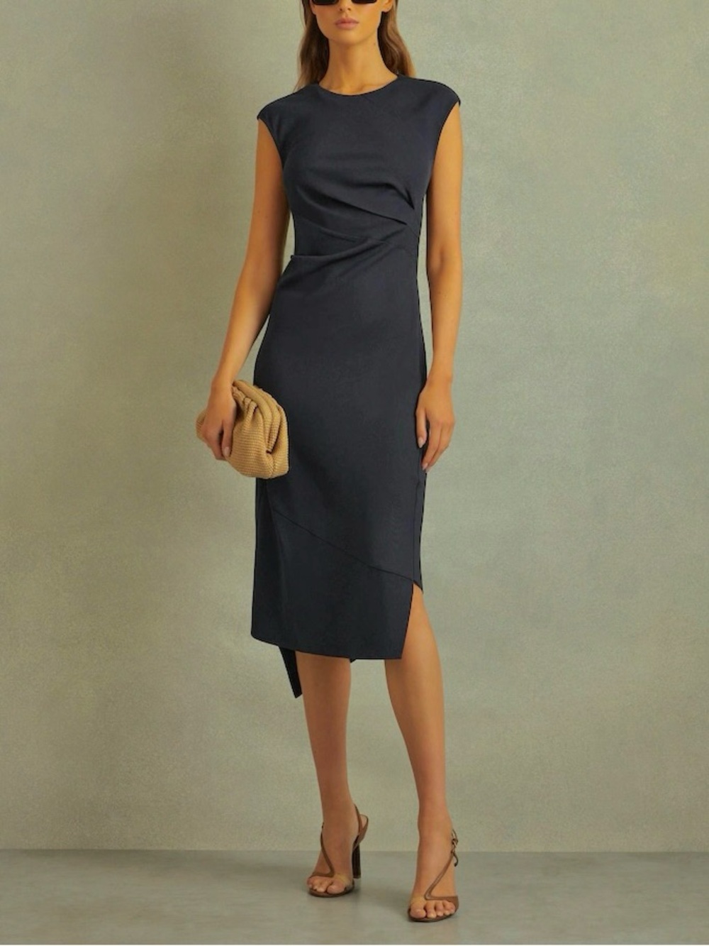 NEW REISS FRANCESCA BODYCON RUCHED MIDI DRESS IN NAVY SIZE 6